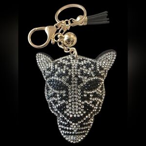 Silver and Black Leopard Bag Charm /Keychain with Rhinestones